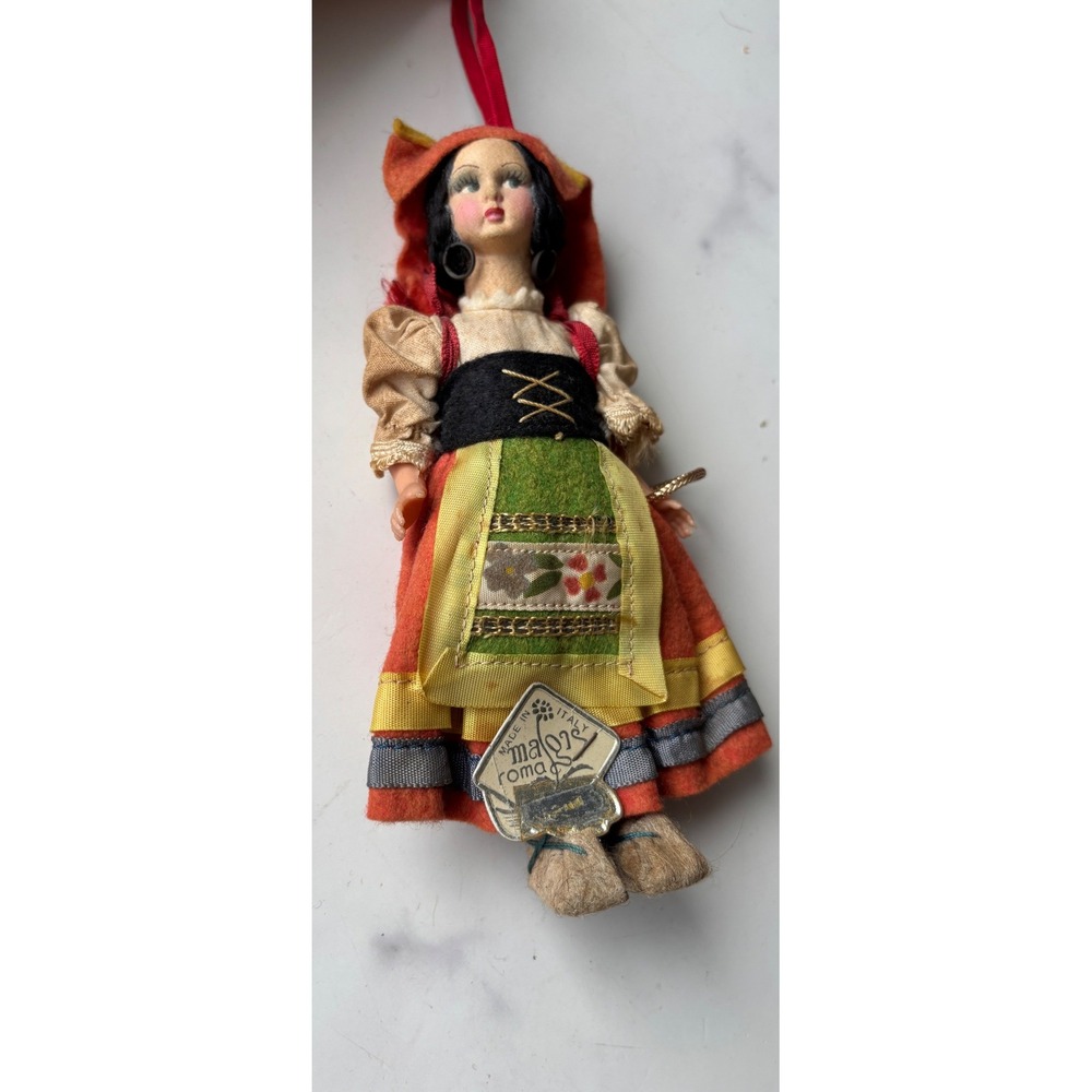 Vintage 50s Magis Roma Italy Souvenir Doll Traditional Folk Costume Red Green 6"